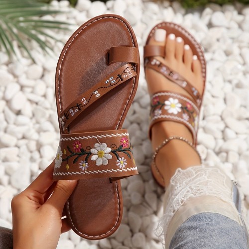 Chic Floral Embroidered Flat Slides - Slip-On, Lightweight, Breathable, Open-Toe, Fabric Lining, TPR Sole, Perfect for Summer Beach, Casual Outings - Comfortable, Easy to Wear, Toe Loop Design