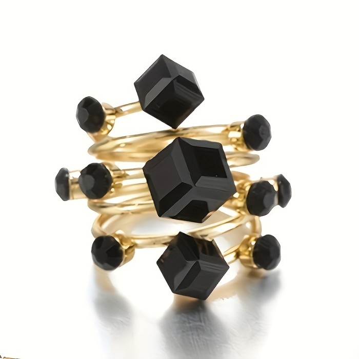 Fashion Temperament Design Art Sense Atmosphere Personality Creative Hand Jewelry Geometric Square Rhinestones-Encrusted Black Tie Elegant Special Unique Female Single Ring
