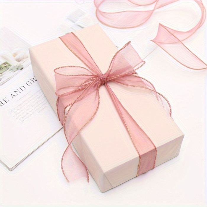 1 Roll, Sheer Wired Organza Ribbon Floral Ribbon For Gift Wrapping, Bouquet Wrapping, Decoration, Chiffon Ribbon With Golden Edge For Gift Wrapping, DIY Crafts Bouquet, Ribbons For Bouquets, Craft Supplies, Fabric, Handmade Wedding Bouquets Material