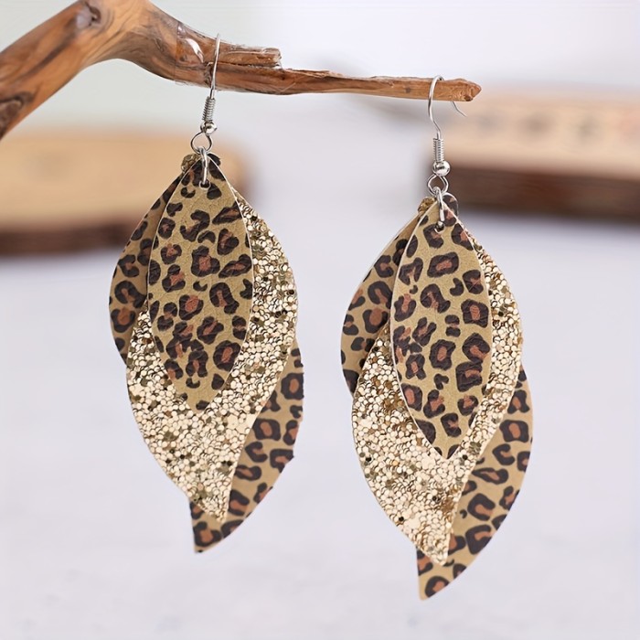 Vintage Triple Leopard PU Leather Sequin Layer Earrings