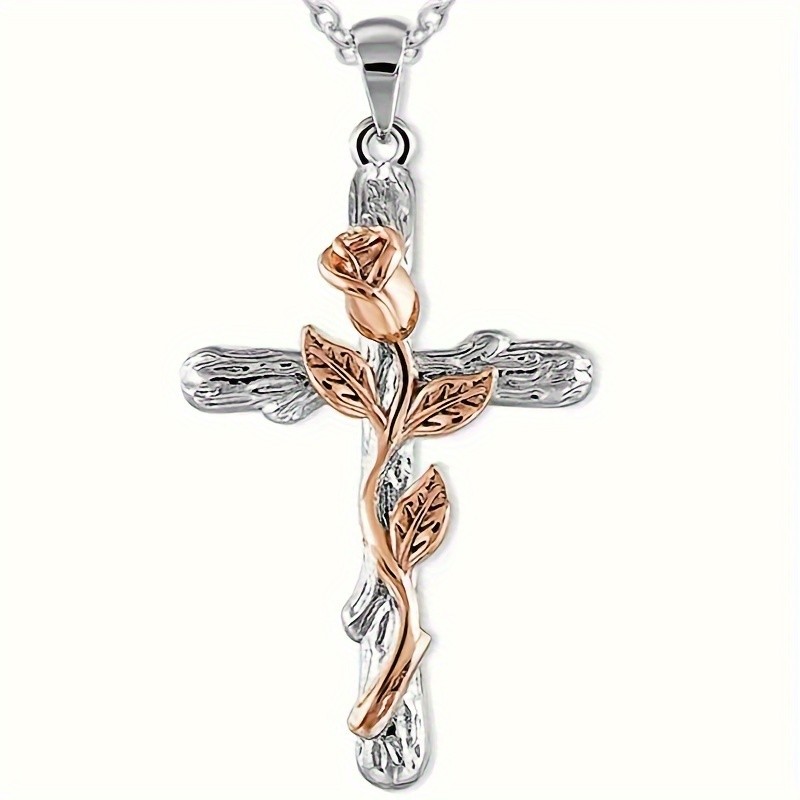 1pc Retro Cross With Rose Flower Pendant Necklace, Three Colors Options
