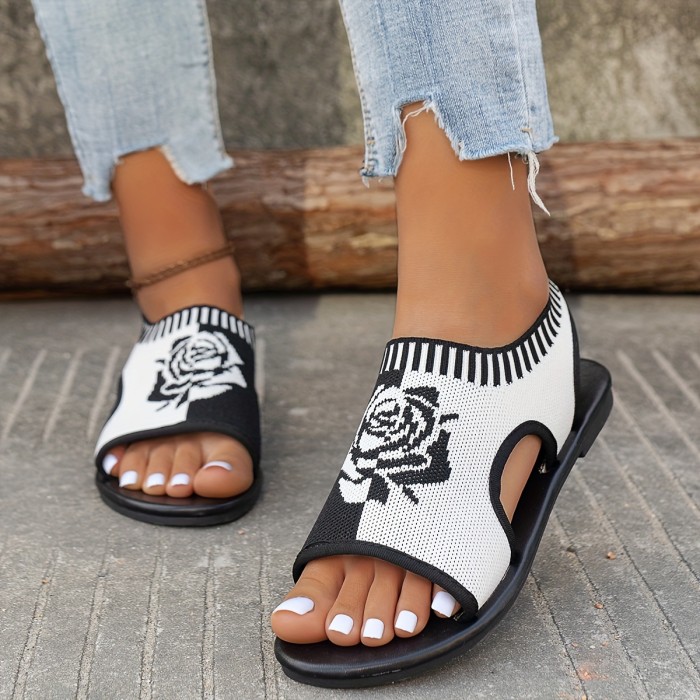 Stylish Womens Flat Sandals - Comfortable Slip-On Shoes with Rose Pattern, Lightweight Fabric Upper, Faux Leather Insole, and Rubber Sole for Casual Summer Wear