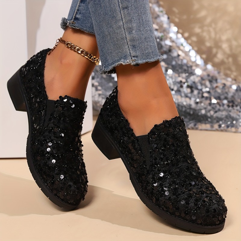 Glittering Sequins Loafers for Women - Chunky Heel, Preppy Chic, Slip-On Dress Shoes with Unmatched Comfort