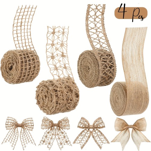 4pcs Burlap Ribbon, Natural Jute Burlap- Lace Ribbon Mesh Burlap Ribbon Weeding Ribbon Trim Craft Wrapping Ribbon For Holiday Party DIY Handmade Artist Home Decor Packaging