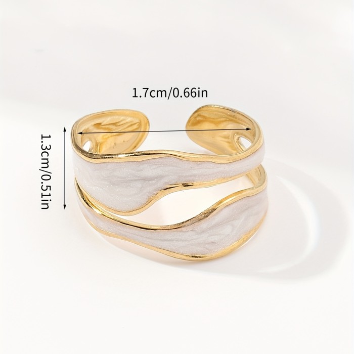 1pc Exquisite White\u002FDark Blue\u002FEmerald Green\u002FSteel White Enamel Creative Ring Jewelry Golden Plated Stainless Steel Irregular Opening Adjustable Ring For Men