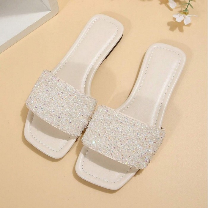 Stylish Womens Rhinestone Slides - Buckle Closure, Flat Heel, Rubber Sole, Fabric Upper, Open Toe, Elegant Design for Indoor and Outdoor Summer Beach Wear, North America Special