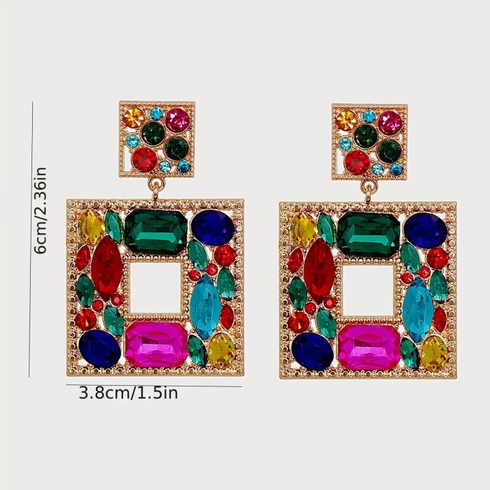Vibrant Square Rhinestone Chandelier Earrings - Sparkling Bohemian Luxury for Festive Parties - Lightweight & Glamorous Ear Ornaments