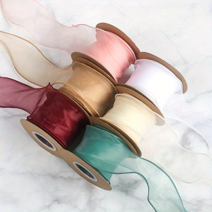 1 Roll, Sheer Wired Organza Ribbon Floral Ribbon For Gift Wrapping, Bouquet Wrapping, Decoration, Chiffon Ribbon With Golden Edge For Gift Wrapping, DIY Crafts Bouquet, Ribbons For Bouquets, Craft Supplies, Fabric, Handmade Wedding Bouquets Material