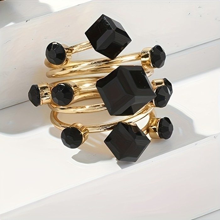 Fashion Temperament Design Art Sense Atmosphere Personality Creative Hand Jewelry Geometric Square Rhinestones-Encrusted Black Tie Elegant Special Unique Female Single Ring