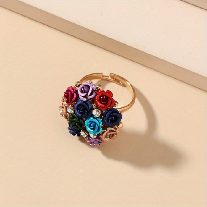 Elegant Colorful Rose Flower Wedding Ring Niche Design Zinc Alloy Finger Ring Inlaid Shiny Rhinestone