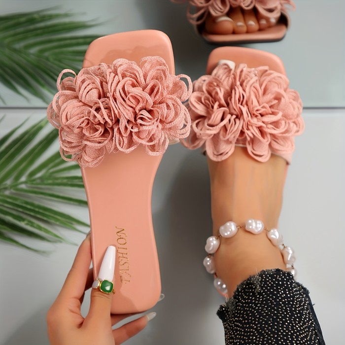 Flat Heel Womens Elegant Square Open Toe Slide Sandals - Soft Microfiber Synthetic Leather Upper, Slip-on Design, TPR Sole, Perfect for Summer Travel and Beach - Fashion Solid Color Fabric Shoes
