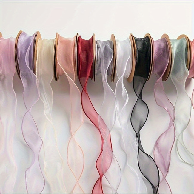 1 Roll, Sheer Wired Organza Ribbon Floral Ribbon For Gift Wrapping, Bouquet Wrapping, Decoration, Chiffon Ribbon With Golden Edge For Gift Wrapping, DIY Crafts Bouquet, Ribbons For Bouquets, Craft Supplies, Fabric, Handmade Wedding Bouquets Material