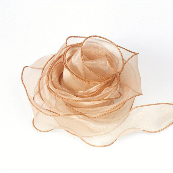 1 Roll, Sheer Wired Organza Ribbon Floral Ribbon For Gift Wrapping, Bouquet Wrapping, Decoration, Chiffon Ribbon With Golden Edge For Gift Wrapping, DIY Crafts Bouquet, Ribbons For Bouquets, Craft Supplies, Fabric, Handmade Wedding Bouquets Material