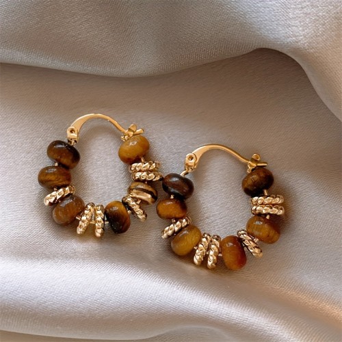 Tiger Eye Stone Earrings, Retro French Fashion Earrings, Round Tiger Eye Stone Ear Cuffs Plated Golden Easter Gift halloween and christmas gift