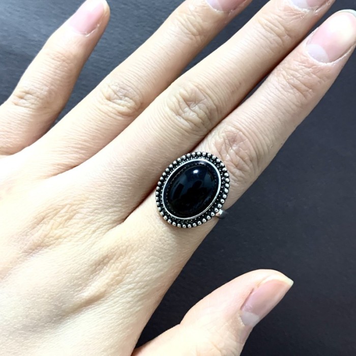Boho Vintage Black Agate Ring – Elegant Gift for Birthdays & Evening Wear