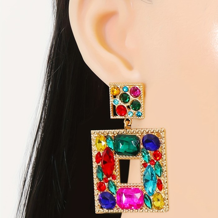 Vibrant Square Rhinestone Chandelier Earrings - Sparkling Bohemian Luxury for Festive Parties - Lightweight & Glamorous Ear Ornaments