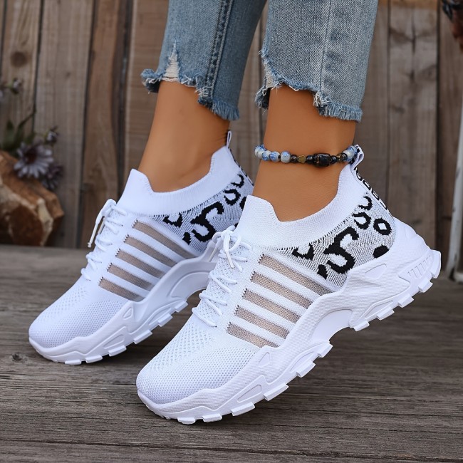 Low-Top Leopard Print Fabric Casual Sports Shoes - Breathable, Comfortable, Lace-Up, Platform Design - All-Season, Random Printing, PVC Sole, Fabric Insole, Superfine Fiber Upper