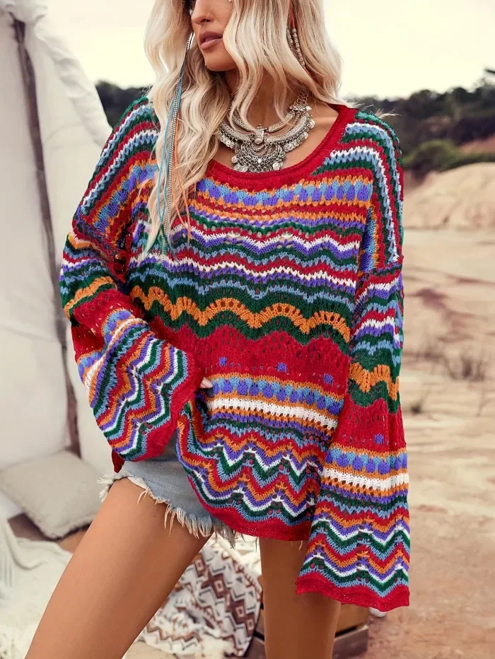 Hollow Out Loose Crew Neck Sweater, Casual Long Sleeve Colorblock Sweater, Women's Clothing