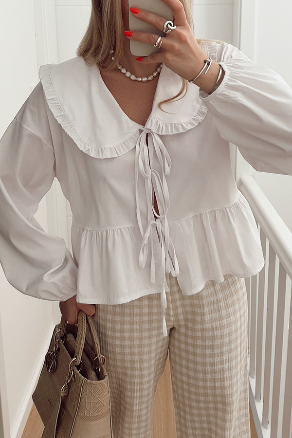 Casual and Versatile Lace-up Long-sleeved Babydoll Blouse