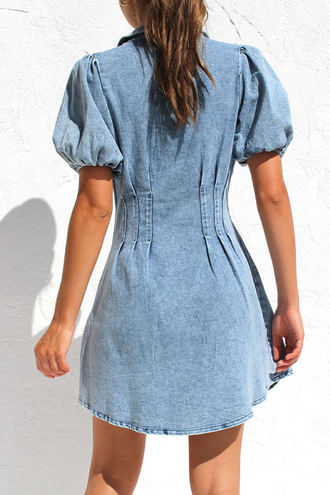 Sweet Elegant Solid Zipper Turndown Collar Short Sleeve Regular Denim Dresses