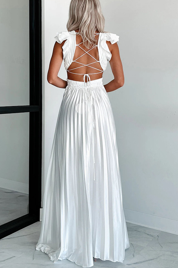 Opulent Occasion Satin Pleated Ruffle Sleeve Back Lace-up Maxi Dress