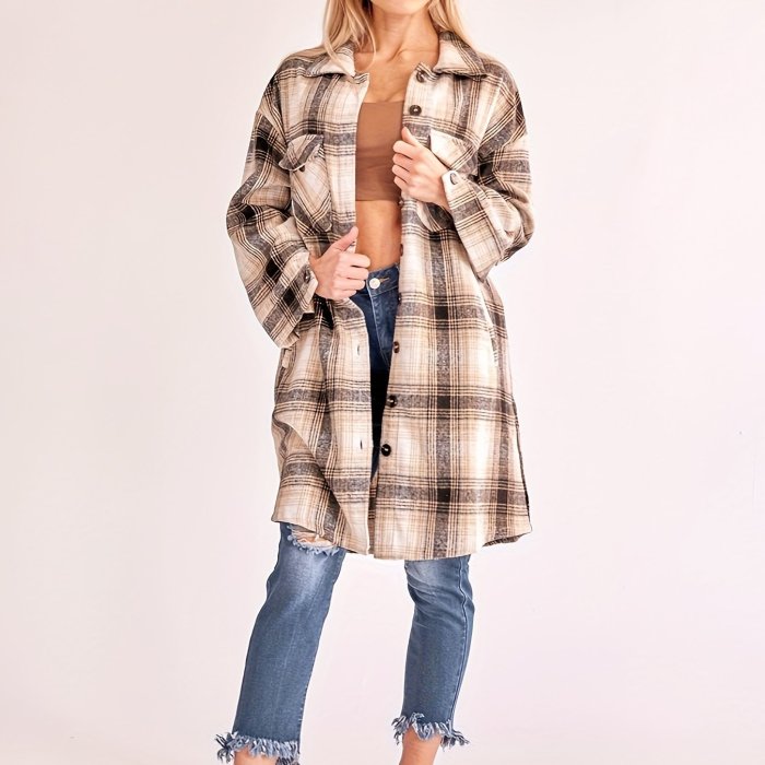 Plaid Pattern Button Up Shirt Jacket, Vintage Mid Length Turndown Collar Outwear With Pocket, Women's Clothing