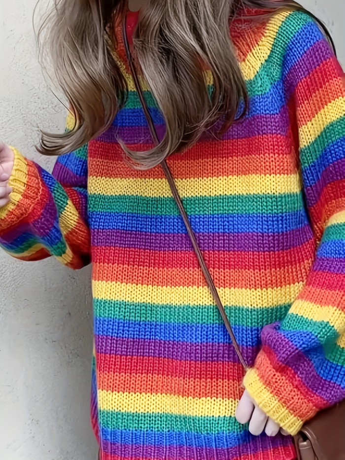Rainbow Pattern Crew Neck Sweater, Casual Long Sleeve Drop Shoulder Sweater For Fall & Winter, Women's Clothing