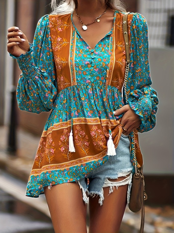 Women's Fall Random Print Color Block Patchwork Long Sleeve Midi Skirt With Smocked Cuffs