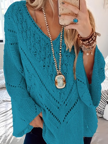 Hollow Out Solid Knit Sweater, Casual V Neck Long Sleeve Sweater, Women's Clothing