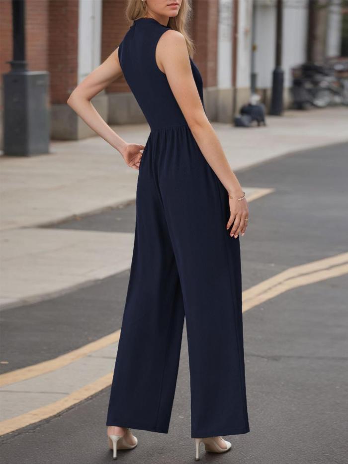 Solid Ruched Straight Leg Jumpsuit, Casual Mock Neck Slant Pockets Sleeveless Jumpsuit For Spring & Summer, Women's Clothing