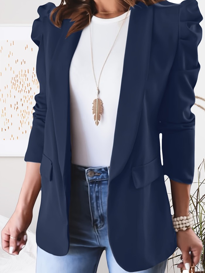 Solid Color Open Front Blazer, Stylish Lapel Puff Long Sleeve Blazer For Spring & Fall, Women's Clothing