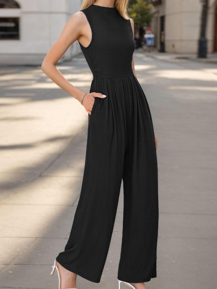 Solid Ruched Straight Leg Jumpsuit, Casual Mock Neck Slant Pockets Sleeveless Jumpsuit For Spring & Summer, Women's Clothing
