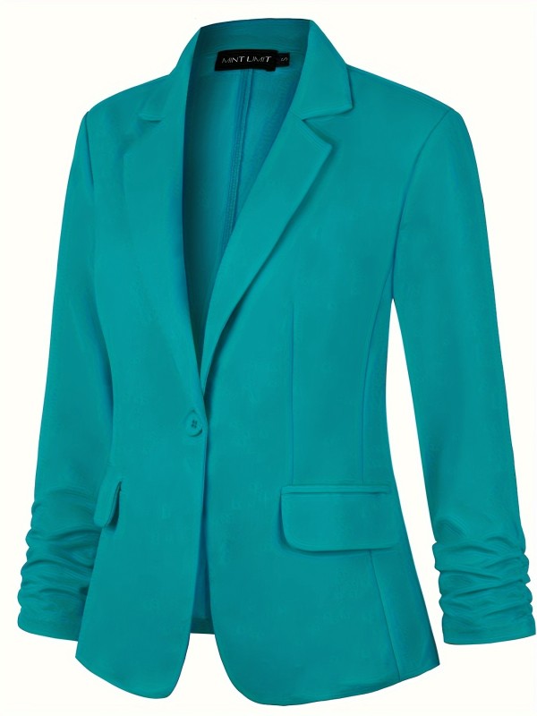 Classic Long Sleeve Solid Color Polyester Blazer - Elegant Ruched Sleeve, Single Button Placket, Two Pockets, Mid Elasticity, Regular Length, Machine Washable - Perfect for Office, Work, and Spring\u002FFall Seasons