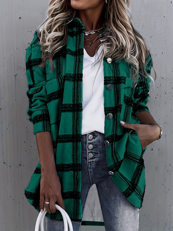 Plaid Classic Shacket Jacket, Casual Button Front Long Sleeve Outerwear, Women's Clothing