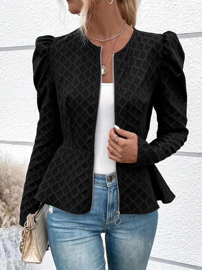 Textured Zip Up Slim Jacket, Elegant Puff Sleeve Jacket For Spring & Fall, Women's Clothing