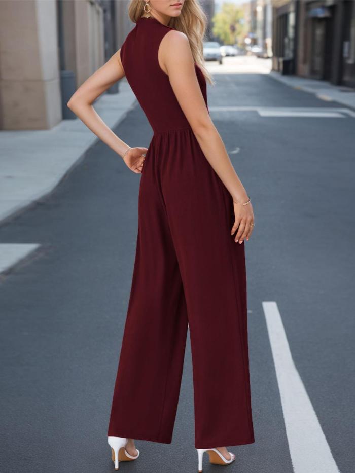 Solid Ruched Straight Leg Jumpsuit, Casual Mock Neck Slant Pockets Sleeveless Jumpsuit For Spring & Summer, Women's Clothing