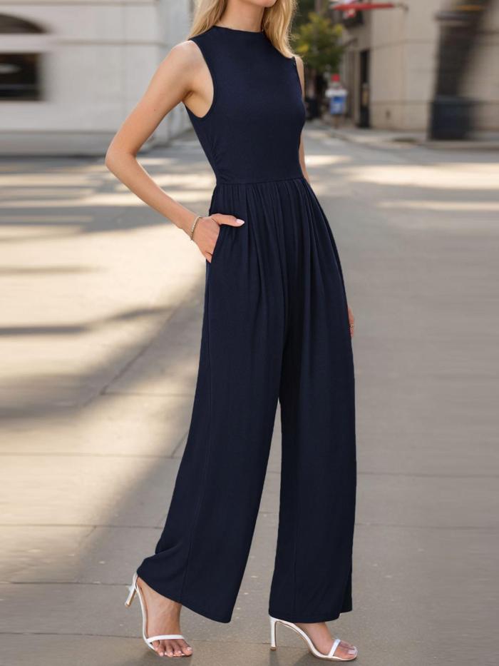 Solid Ruched Straight Leg Jumpsuit, Casual Mock Neck Slant Pockets Sleeveless Jumpsuit For Spring & Summer, Women's Clothing
