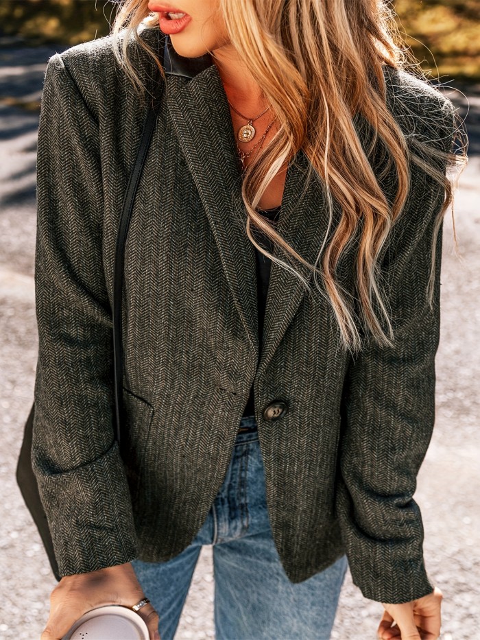 Patched Pockets Botton Front Blazer, Elegant Lapel Long Sleeve Blazer For Office & Work, Women's Clothing