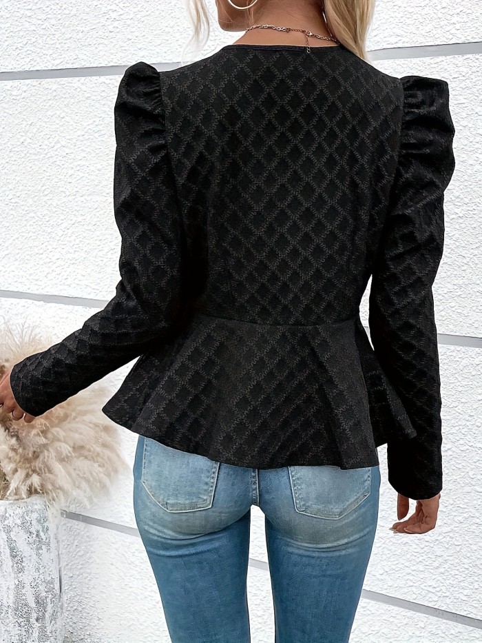 Textured Zip Up Slim Jacket, Elegant Puff Sleeve Jacket For Spring & Fall, Women's Clothing
