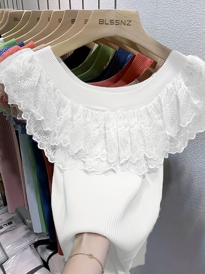 Stylish Short Sleeve Crew Neck Sweater - Soft Contrast Lace Ribbed Design, Elegant Womens Clothing for Everyday Wear, Perfect for Spring and Autumn Seasons