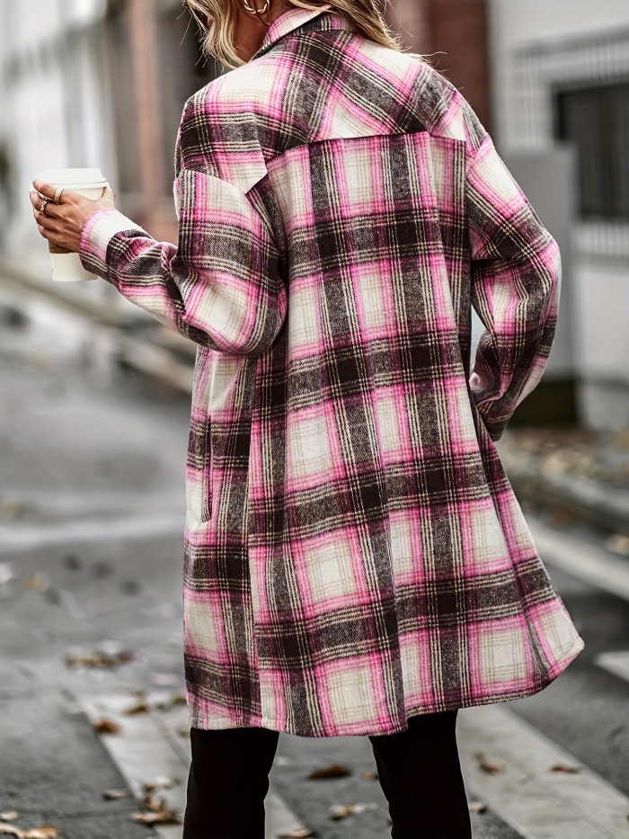Plaid Pattern Button Up Shirt Jacket, Vintage Mid Length Turndown Collar Outwear With Pocket, Women's Clothing