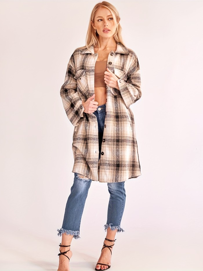 Plaid Pattern Button Up Shirt Jacket, Vintage Mid Length Turndown Collar Outwear With Pocket, Women's Clothing