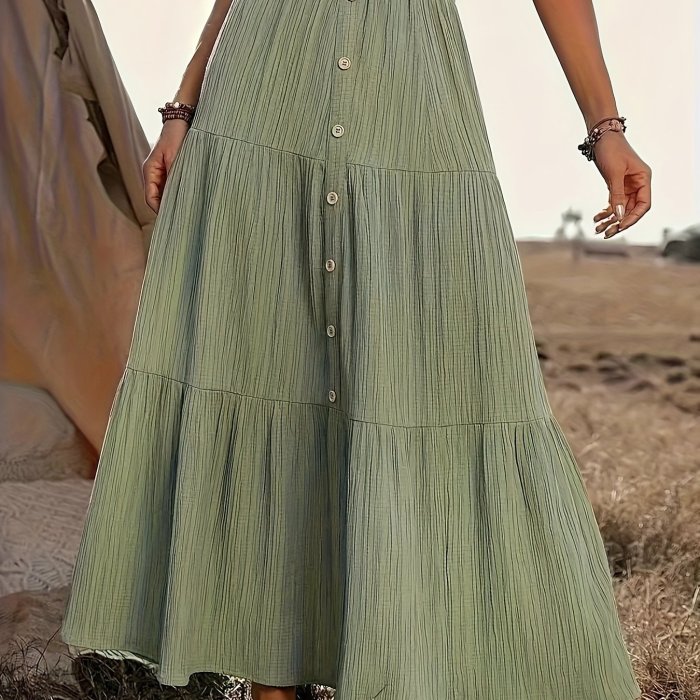 Button Decor Elastic Waist Skirt, Casual A-line Tiered Skirt For Spring & Summer, Women's Clothing