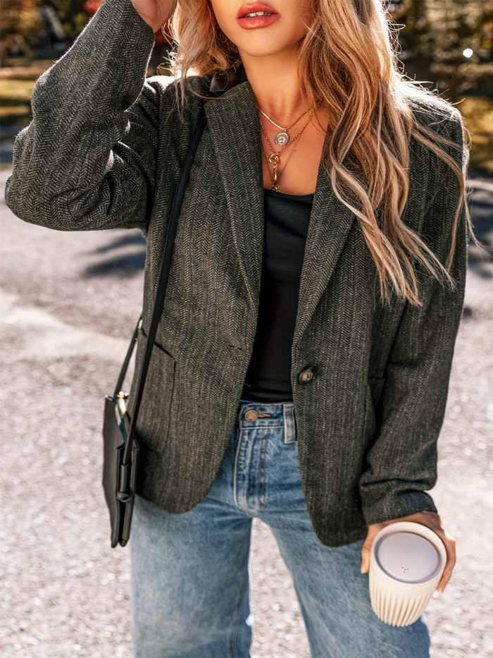 Patched Pockets Botton Front Blazer, Elegant Lapel Long Sleeve Blazer For Office & Work, Women's Clothing