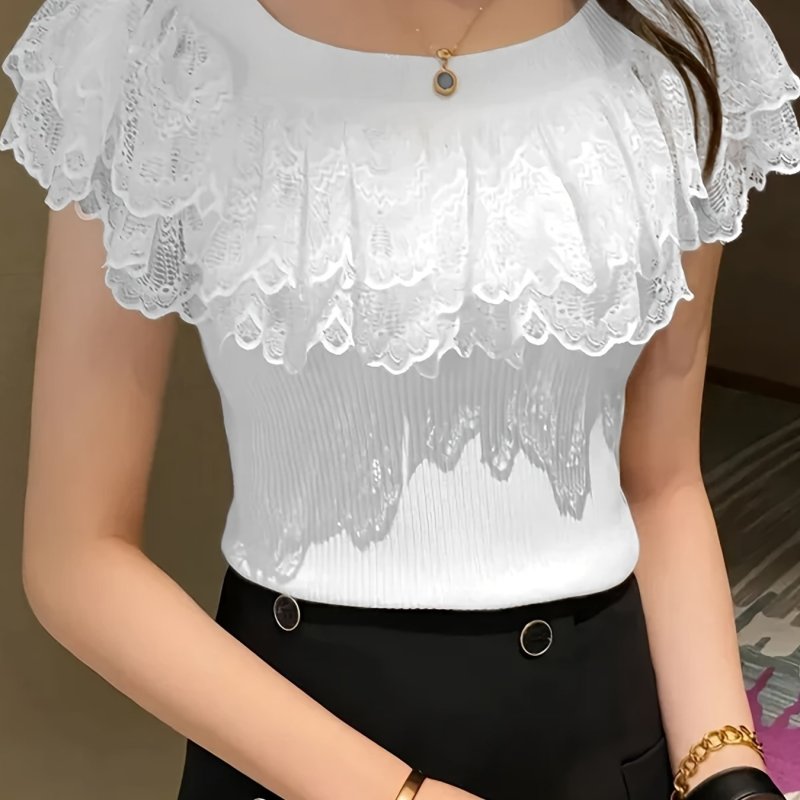 Stylish Short Sleeve Crew Neck Sweater - Soft Contrast Lace Ribbed Design, Elegant Womens Clothing for Everyday Wear, Perfect for Spring and Autumn Seasons