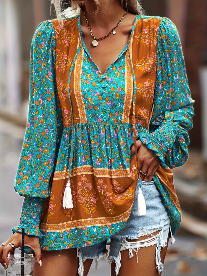 Women's Fall Random Print Color Block Patchwork Long Sleeve Midi Skirt With Smocked Cuffs