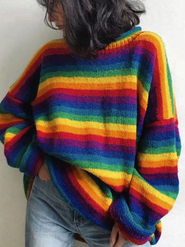 Rainbow Pattern Crew Neck Sweater, Casual Long Sleeve Drop Shoulder Sweater For Fall & Winter, Women's Clothing