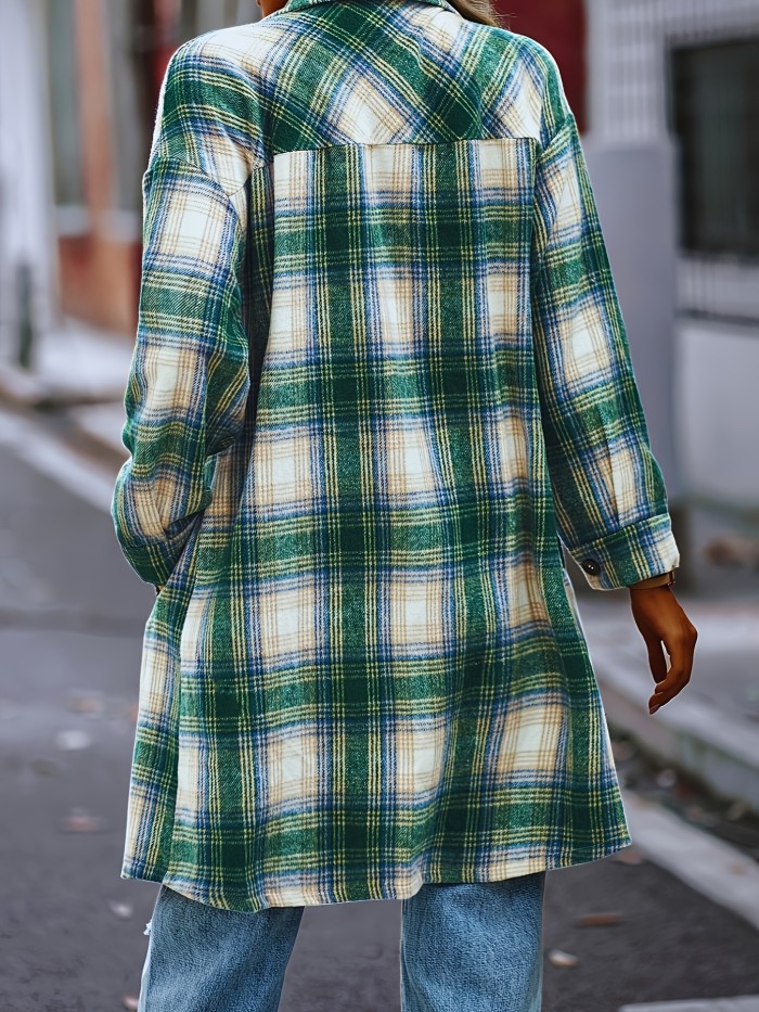Plaid Pattern Button Up Shirt Jacket, Vintage Mid Length Turndown Collar Outwear With Pocket, Women's Clothing