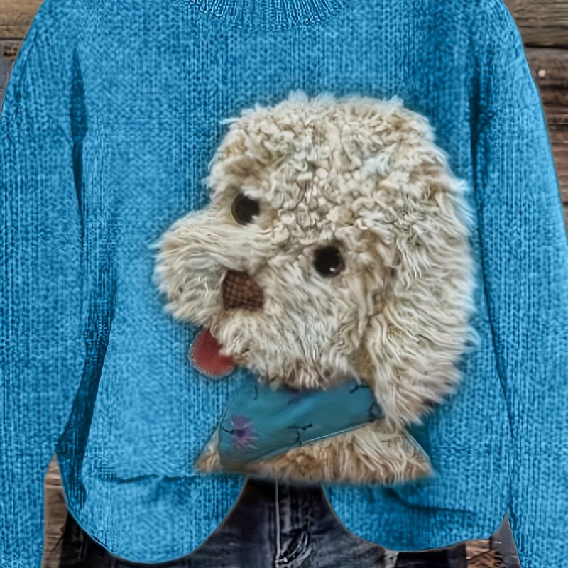 Puppy Print Crew Neck Sweater, Casual Long Sleeve Sweater For Fall & Winter, Women's Clothing