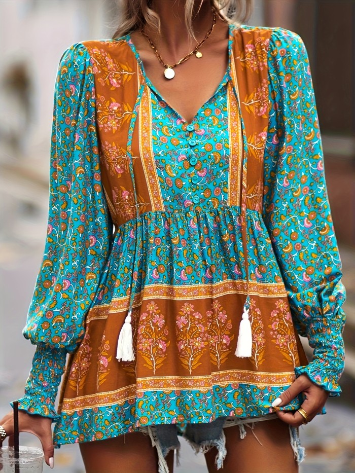 Women's Fall Random Print Color Block Patchwork Long Sleeve Midi Skirt With Smocked Cuffs